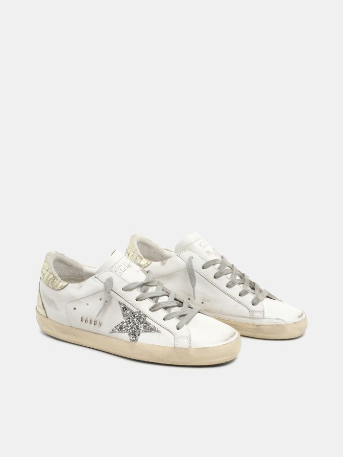 Golden Goose Super-Star silver glitter star and glossy gold leather he –