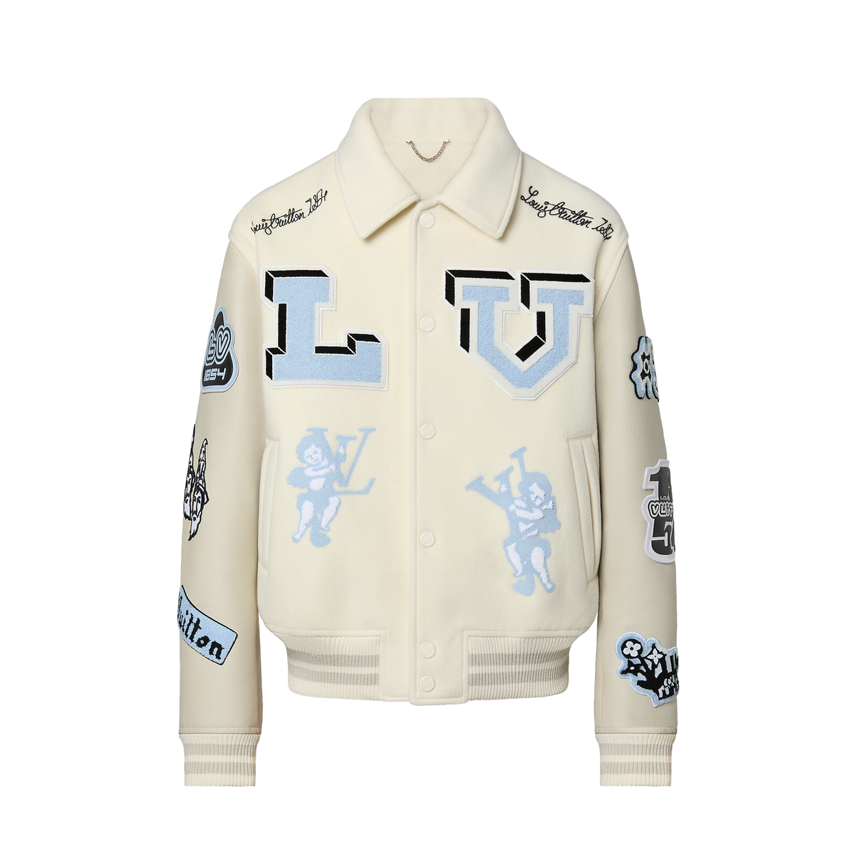 Another Special Louis Vuitton Collectors piece to add to their collection -  'Multi Patches Mixed Leather Varsity Blouson in White and Sky…