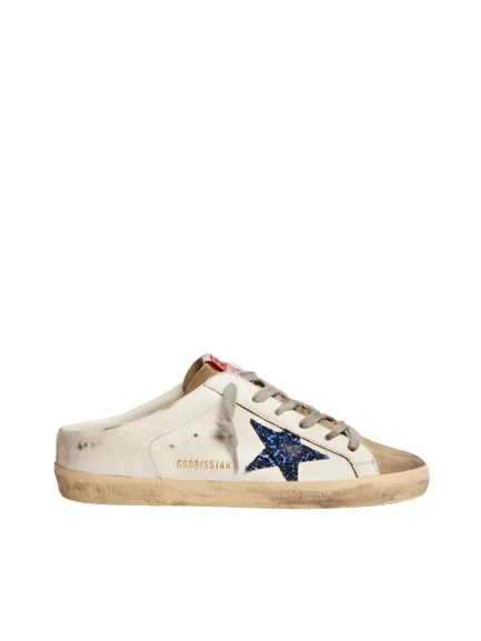 Golden Goose Super-Star Sabots in white leather with blue glitter star –