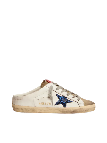 Golden Goose Super-Star Sabots in white leather with blue glitter star and dove-gray suede tongue
