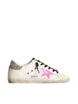Golden Goose Super-Star LTD white leather and canvas with shocking-pink leather star and silver glitter