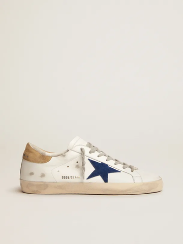 Golden Goose Super-Star sand-colored suede heel tab and blue suede star