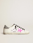 Golden Goose Super-Star LTD white leather and canvas with shocking-pink leather star and silver glitter