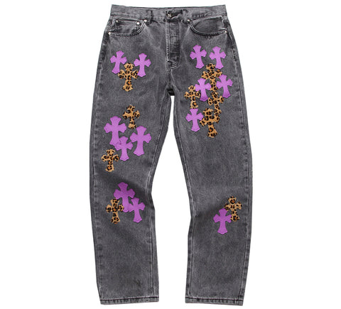 Chrome Hearts Pink and Leopard Cross Patch Jeans