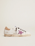 Golden Goose Super-Star white leather with lavender-colored glitter star
