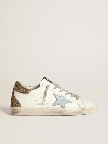 Golden Goose Super-Star light blue leather star and gold glitter crocodile-print heel tab