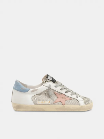 Golden Goose Super-Star LTD white leather with mesh insert and silver glitter