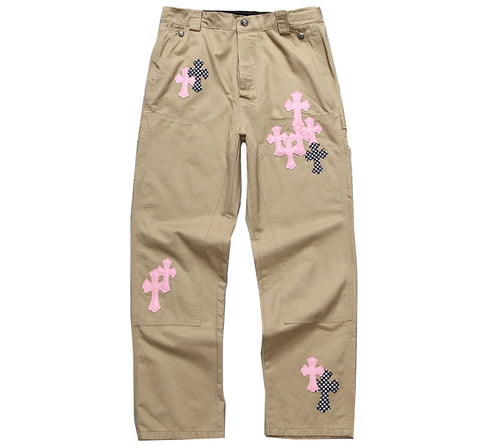 Chrome Hearts Pink & Checkered Cross Patch Carpenter Pants Tan