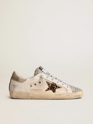 Golden Goose Super-Star platinum-colored glitter tongue and leopard-print pony skin star