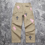 Chrome Hearts Pink & Checkered Cross Patch Carpenter Pants Tan