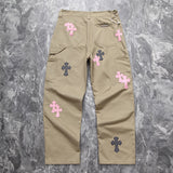 Chrome Hearts Pink & Checkered Cross Patch Carpenter Pants Tan