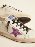 Golden Goose Super-Star white leather with lavender-colored glitter star