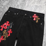 Chrome Hearts Red and Leopard Cross Patch Jeans