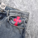 Chrome Hearts x Gallery Dept. Pink Cross Flare Patch Denim Jeans