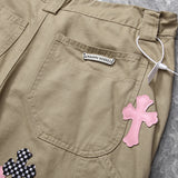 Chrome Hearts Pink & Checkered Cross Patch Carpenter Pants Tan