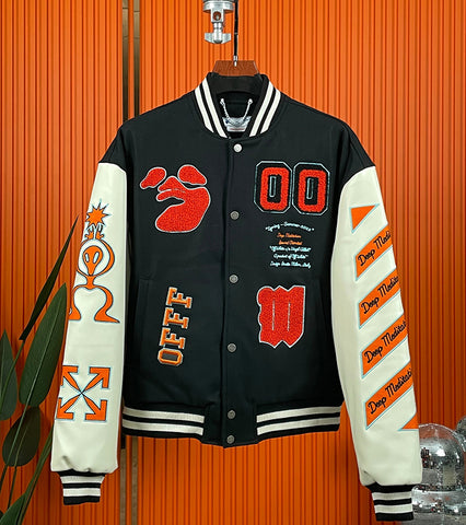 Off-White Black & Orange Graphic Leather Varsity Jacket - Men from