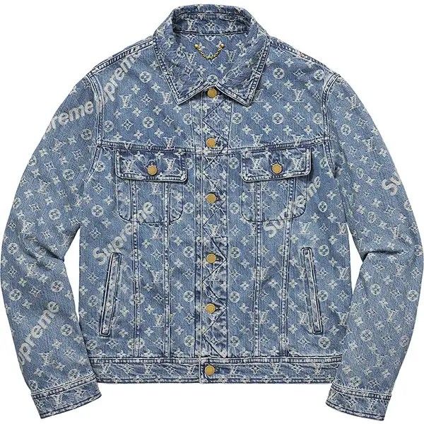 Louis Vuitton x Supreme Blue, Pattern Print 2017 Denim Trucker Jacket L