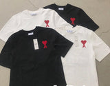 AMI PARIS - WHITE TEE WITH BIG RED HEART LOGO EMBROIDERED