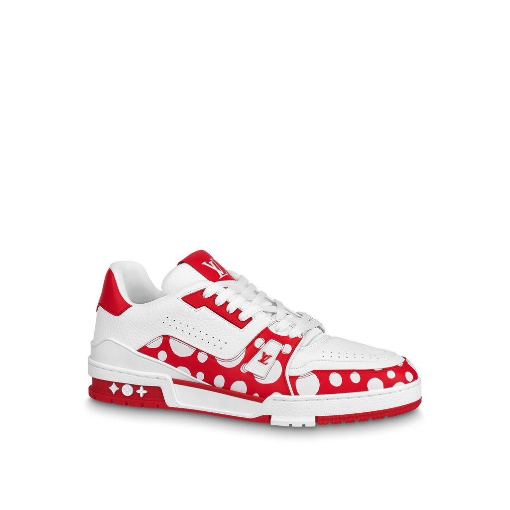 LOUIS VUITTON LV X YK Calfskin Printed Mens Infinity Dots Trainer Sneakers  10 White Red 1267757