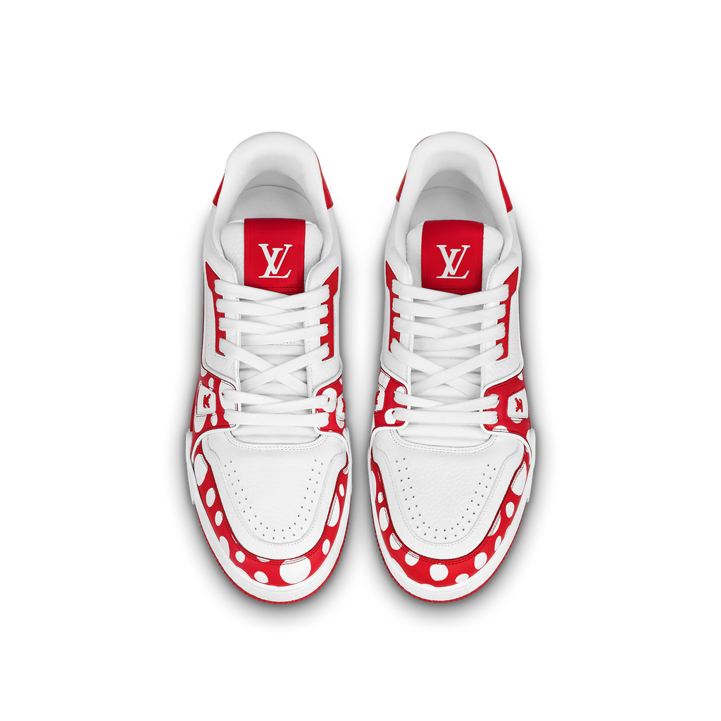 LOUIS VUITTON LV X YK Calfskin Printed Mens Infinity Dots Trainer Sneakers  6 White Red 1222228